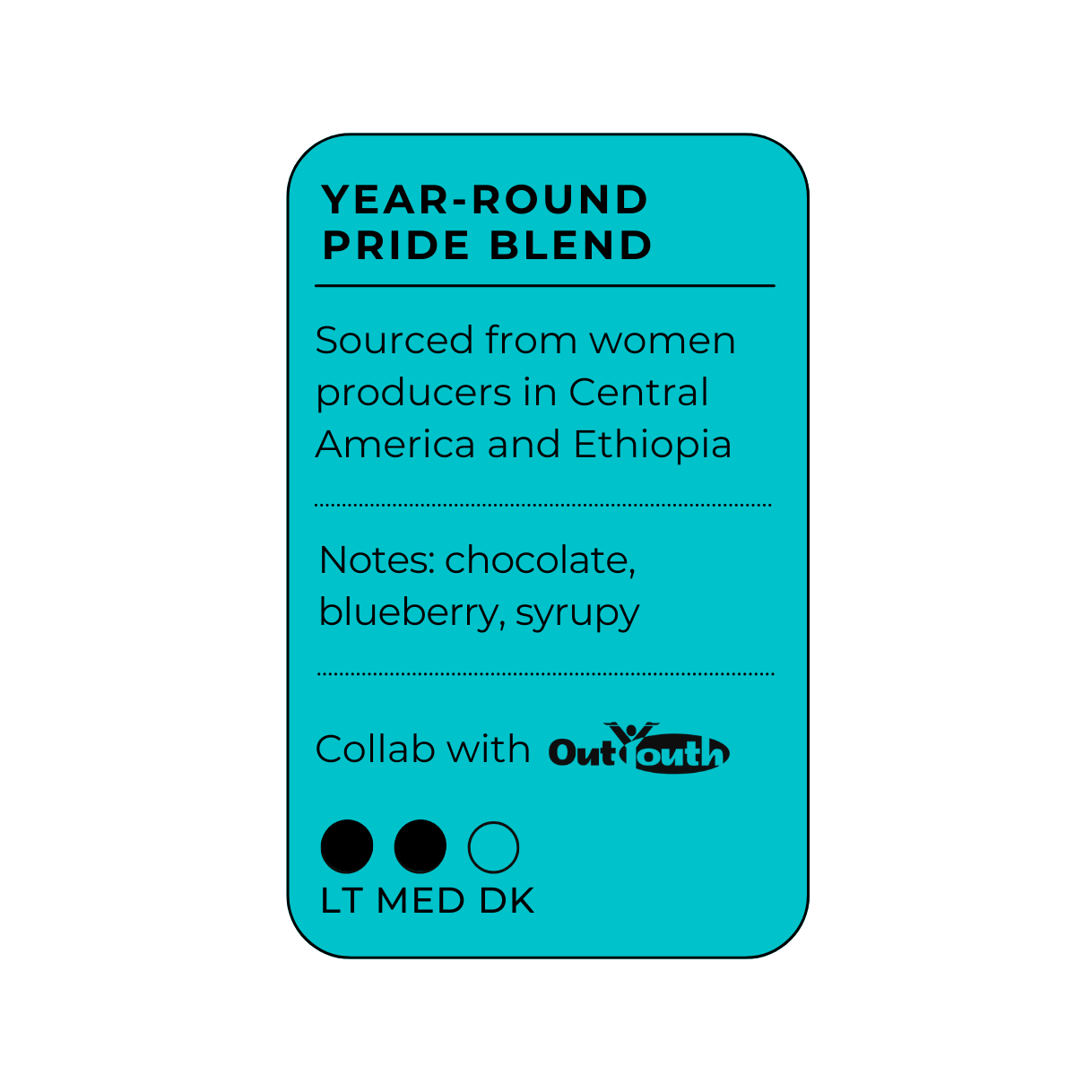 El Prisma Pride Blend coffee label. Medium roast with chocolate, blueberry, syrupy notes. Supports Out Youth charity.