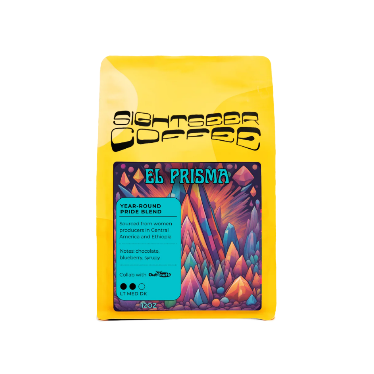 El Prisma Pride Blend coffee bag. Chocolate, blueberry notes. Supports Out Youth.