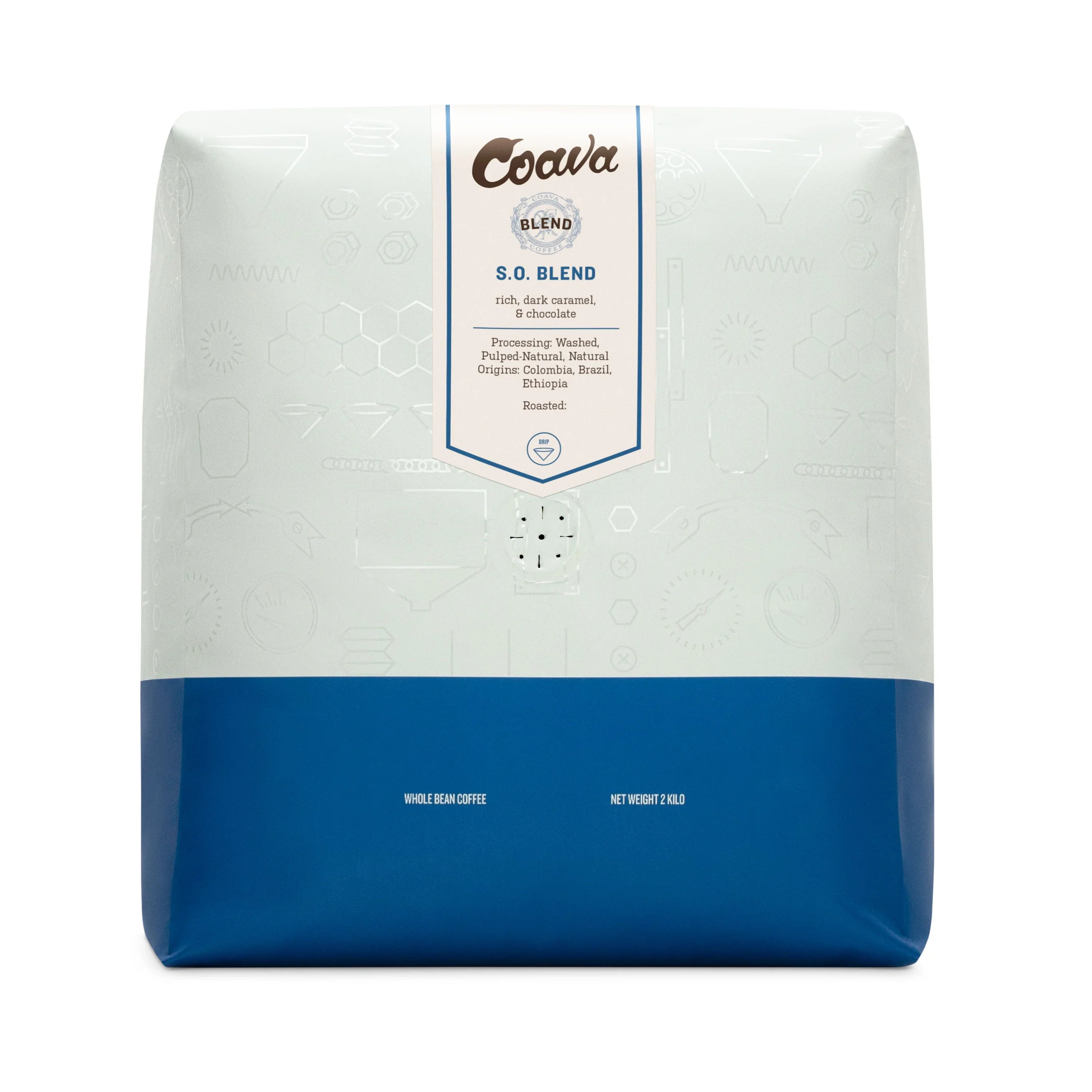 Coava S.O. Blend 2kg whole bean coffee bag, drip roast with caramel, chocolate notes. Colombia, Brazil, Ethiopia origins.