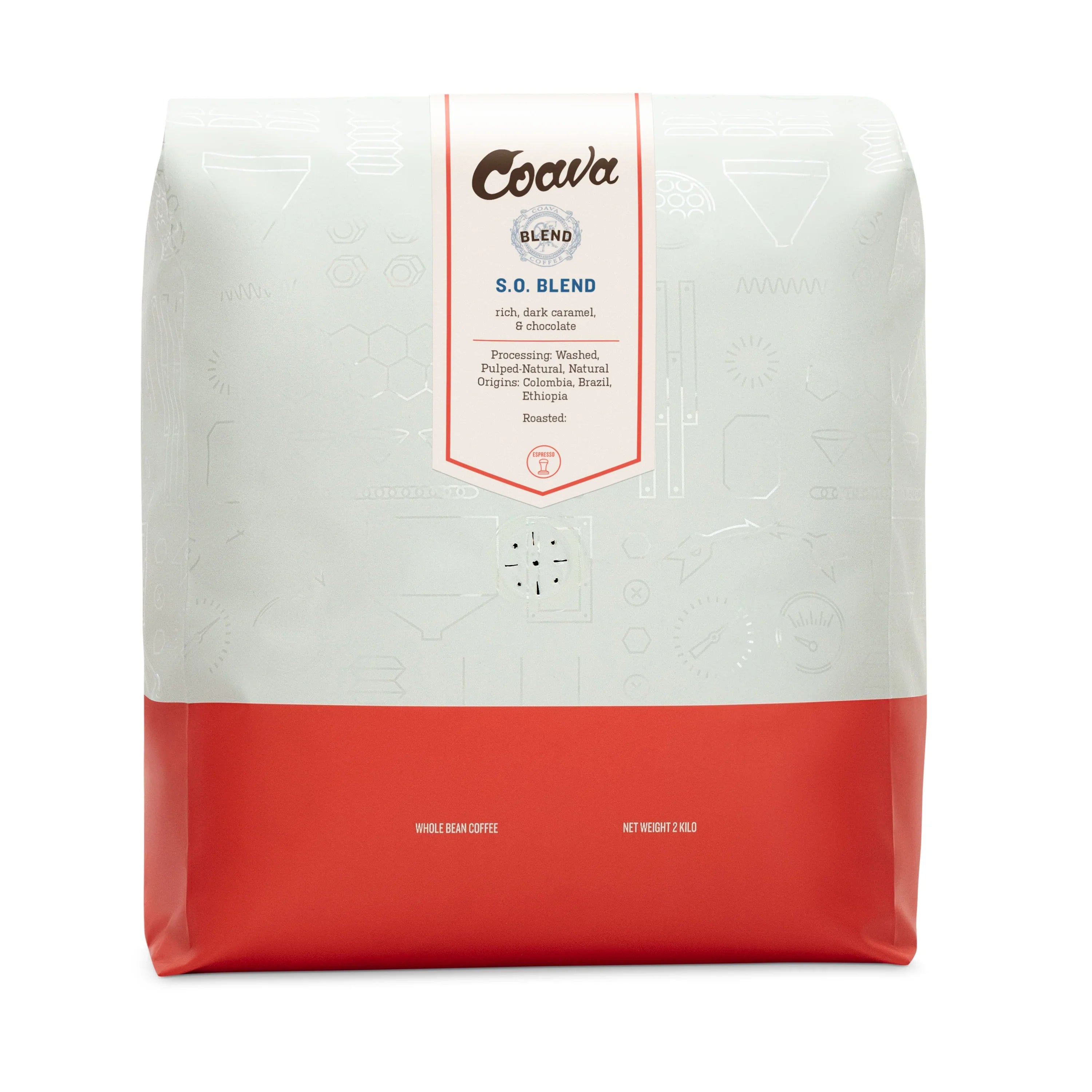 Coava S.O. Blend 2kg espresso whole bean coffee bag with caramel and chocolate notes. Origins: Colombia, Brazil, Ethiopia.
