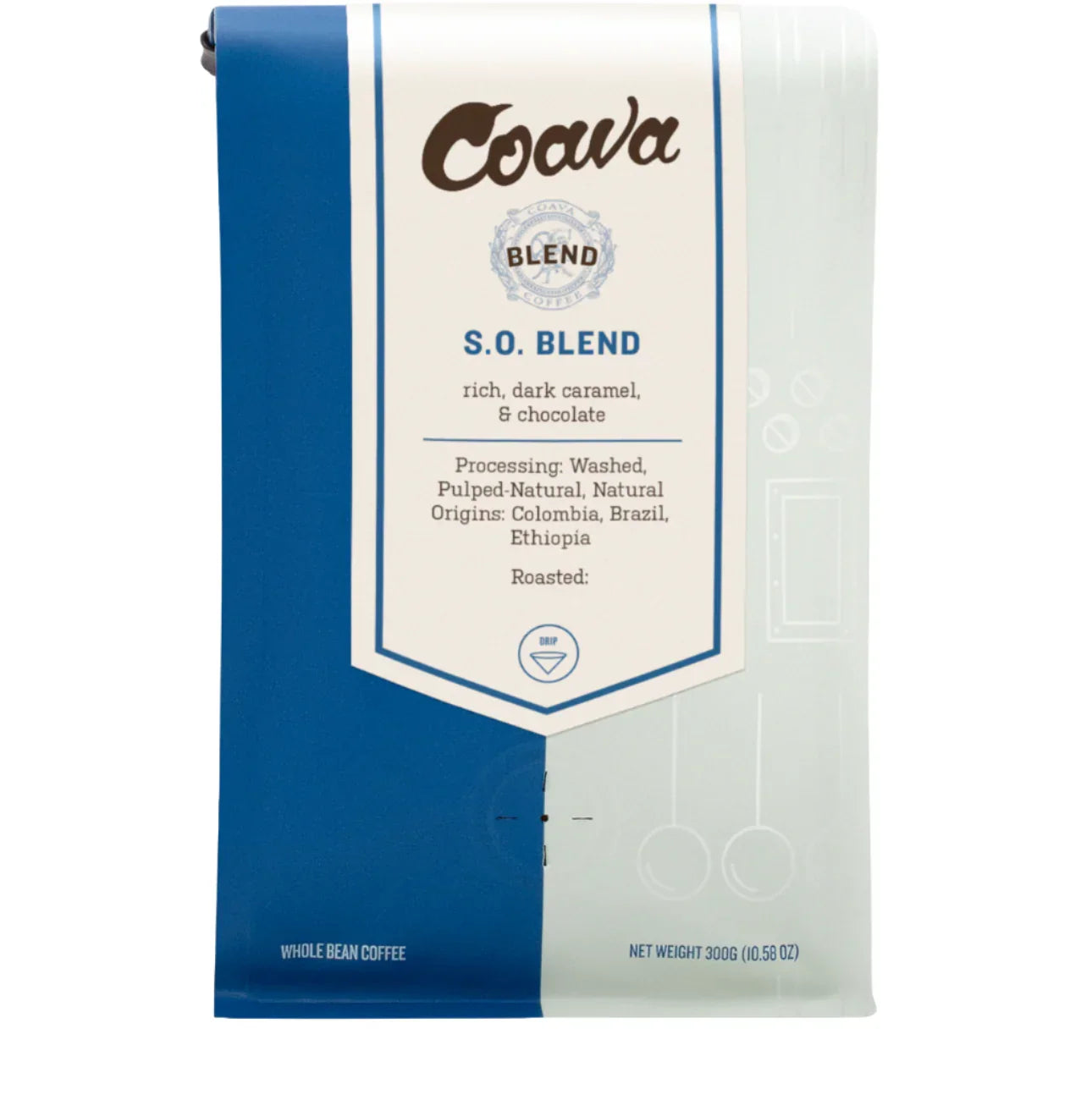 Coava S.O. Blend whole bean coffee bag - 300g. Caramel, chocolate notes. Colombia, Brazil, Ethiopia. Drip.
