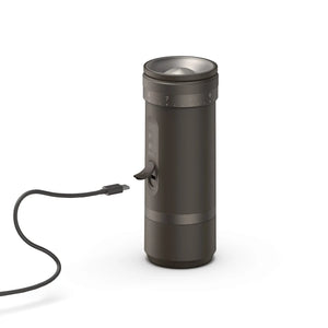 Dark grey OutIn Fino coffee grinder charging via USB-C, highlighting fast-charge and grind setting.