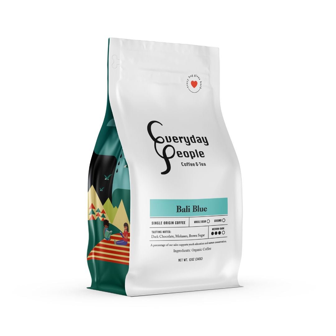 Bali Blue single origin coffee bag from Everyday People. Medium-dark roast with dark chocolate, molasses, brown sugar notes.