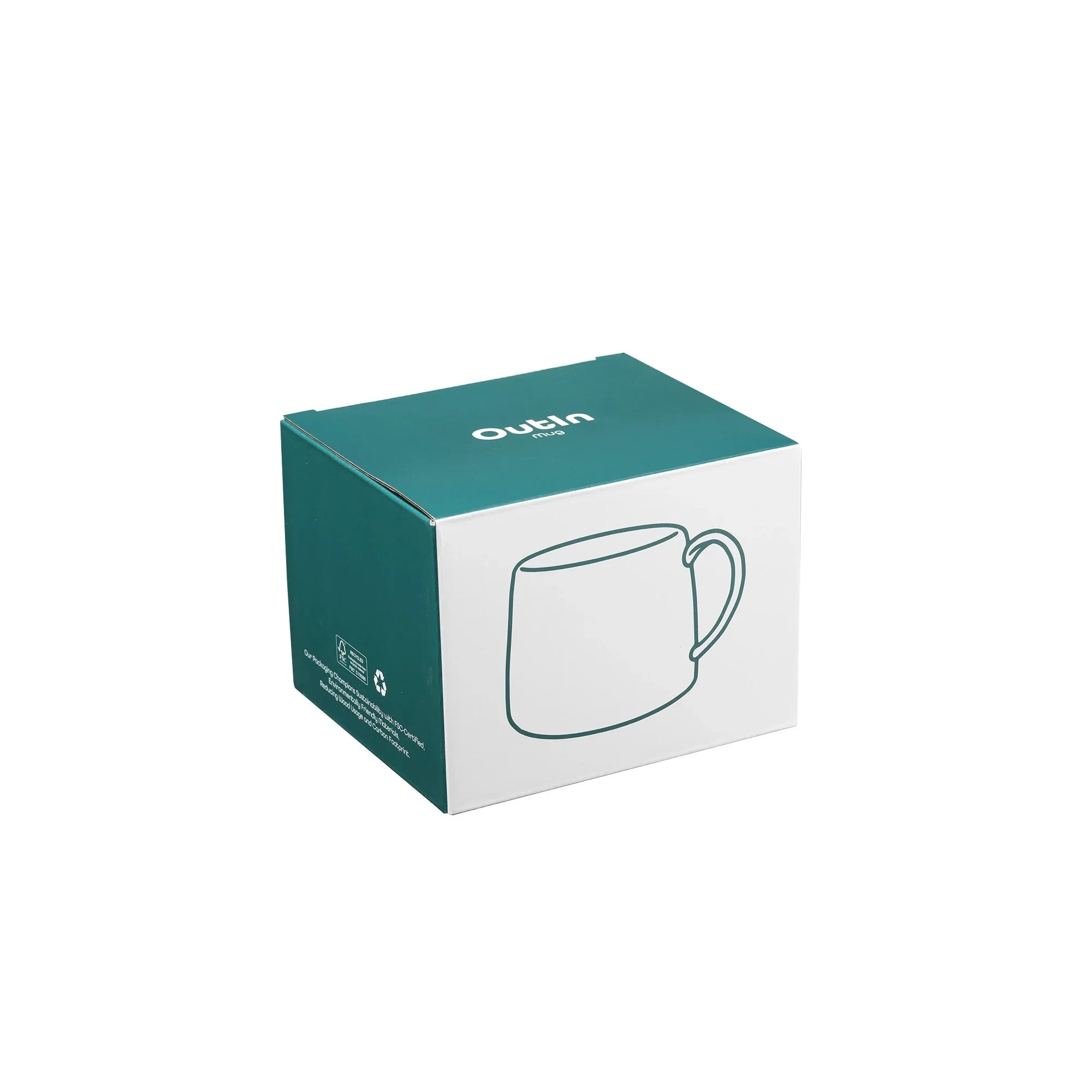 OutIn portable espresso machine mug retail box with minimalist mug line drawing and branding. FSC certified packaging.