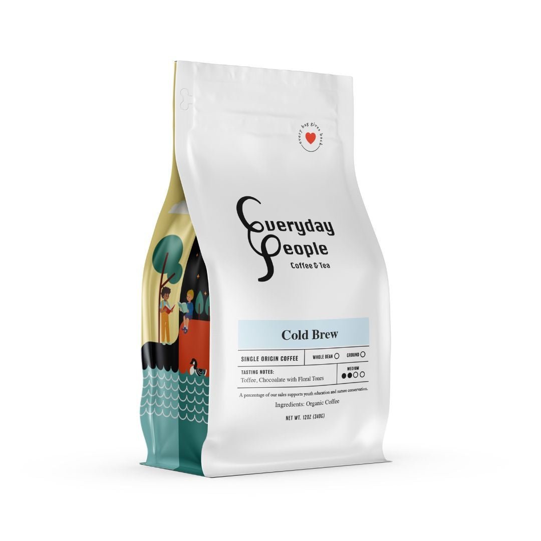 Everyday People Coffee & Tea Cold Brew medium roast 12oz bag. Tasting notes: toffee, chocolate, floral. Organic coffee.