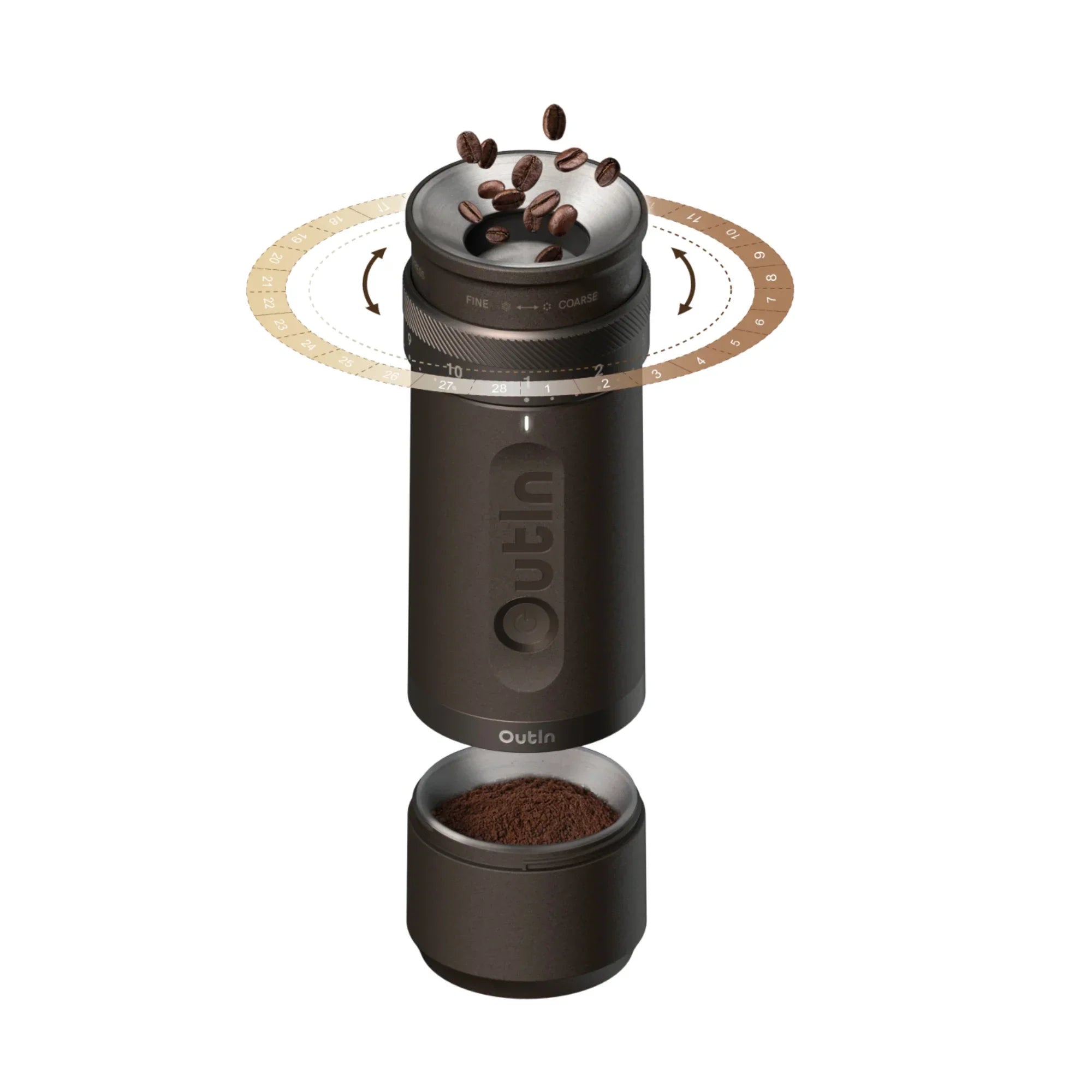 OutIn Fino portable electric coffee grinder in dark brown, with 28 grind settings and coffee beans entering for grinding.
