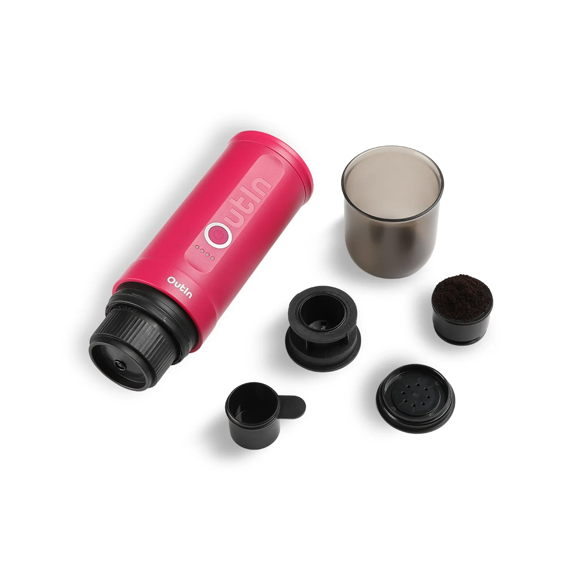Fuchsia Nano portable espresso machine with brewing accessories including cup, scoop, and coffee grounds.