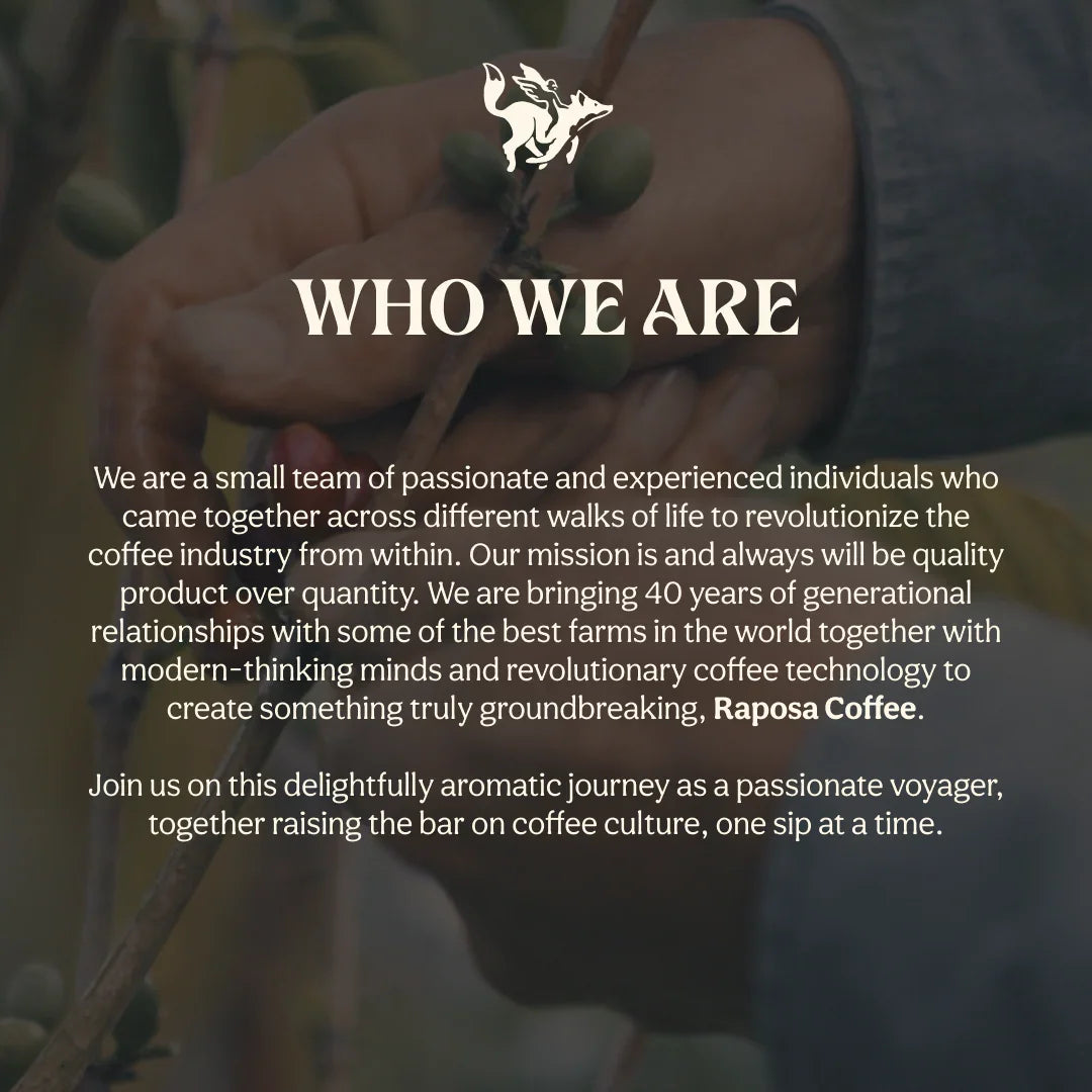 Raposa Coffee: "Who We Are" text overlaying hands holding coffee branch with cherries, showcasing brand story and values.
